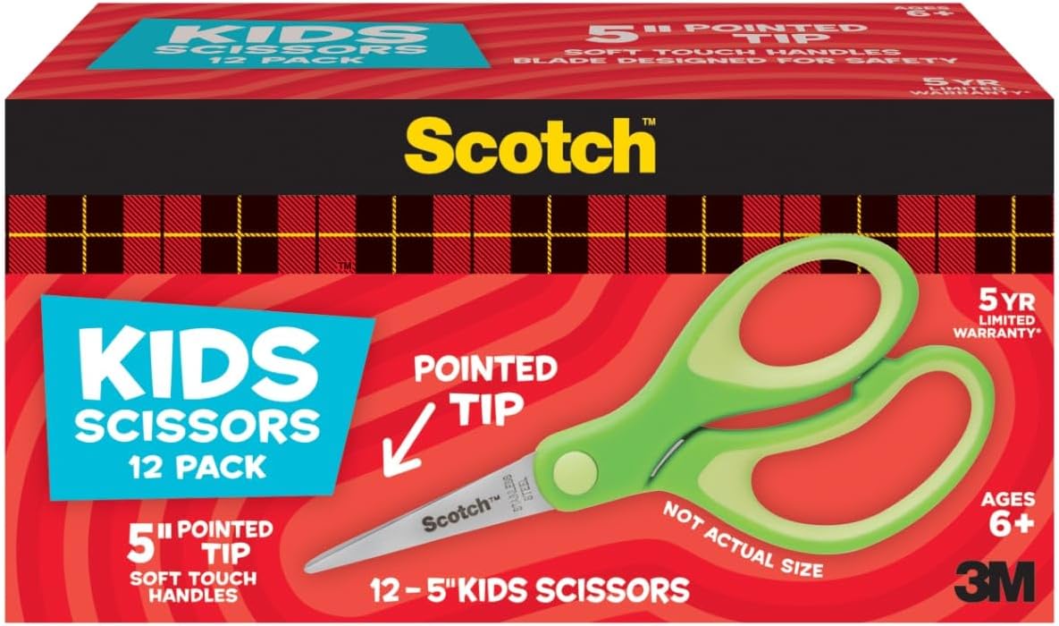 Scotch 5" Soft Touch Pointed Tip Kids Scissors, 12 Count Teacher's Pack
