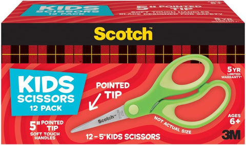 Scotch 5" Soft Touch Pointed Tip Kids Scissors, 12 Count Teacher's Pack