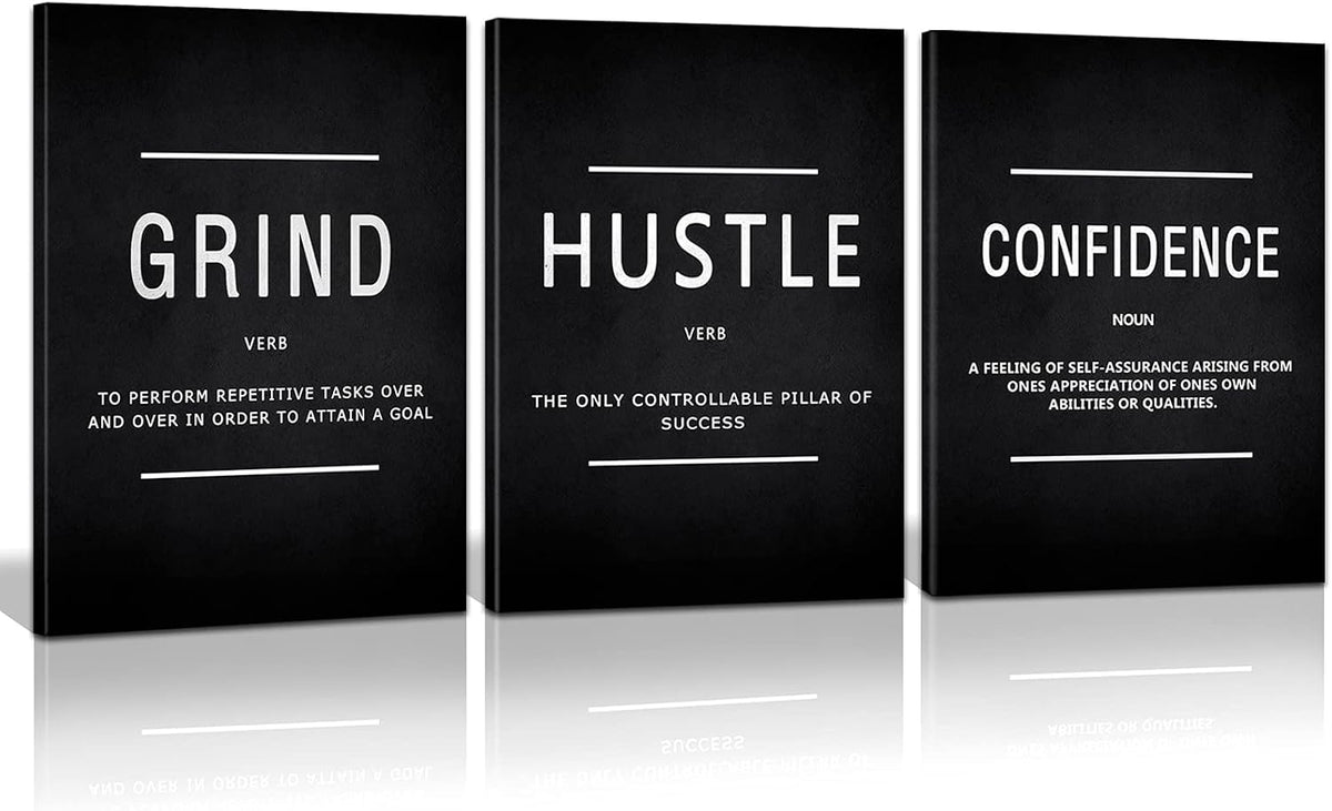 KAWAHONE Motivational Success Canvas Wall Art, Grind Hustle Confidence Wall Decor Framed Inspirational Entrepreneurs Painting Prints Quotes Poster for Office Workplace Ready to Hang