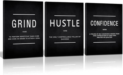 KAWAHONE Motivational Success Canvas Wall Art, Grind Hustle Confidence Wall Decor Framed Inspirational Entrepreneurs Painting Prints Quotes Poster for Office Workplace Ready to Hang
