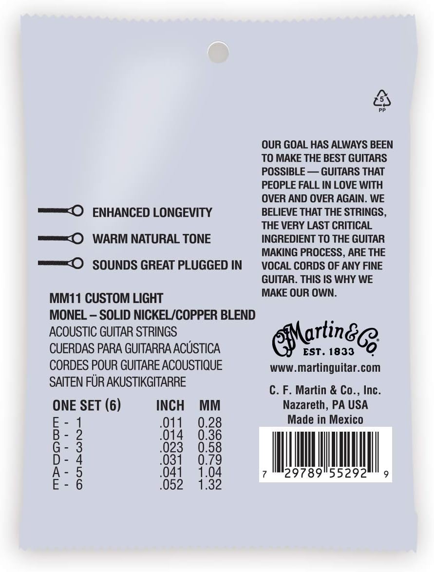 Martin Retro® Acoustic Guitar Strings – Monel, Custom Light Gauge | Warm, Natural Tone with Long Life
