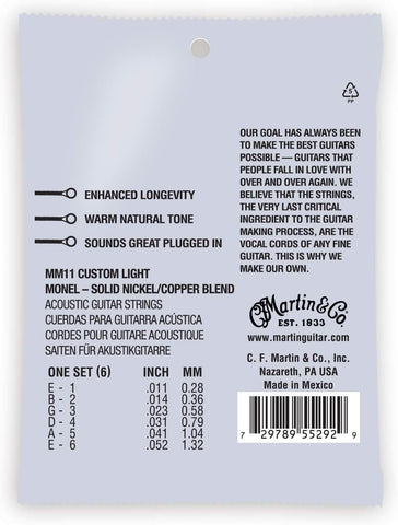 Martin Retro® Acoustic Guitar Strings – Monel, Custom Light Gauge | Warm, Natural Tone with Long Life