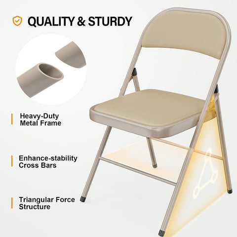 VINGLI 8 Pack Folding Chairs with Padded Seats, Metal Frame with Pu Leather Seat & Back, Capacity 350 lbs, Set of 8, Khaki