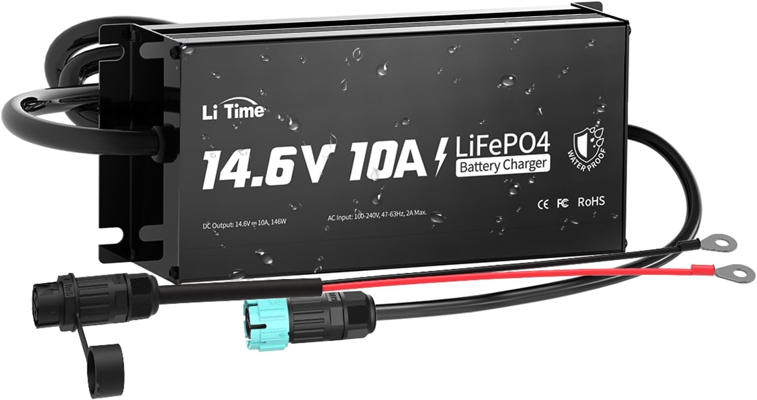 LiTime 12V 10A Lithium Battery Charger, IP65 Waterproof, 14.6V Output AC-DC