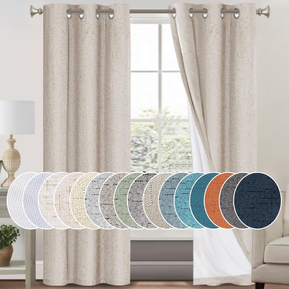 PrinceDeco Primitive Textured Linen 100% Blackout Curtains for Bedroom/Living Room Energy Saving Window Treatment Curtain Drapes, Burlap Fabric with White Thermal Insulated Liner (42 x 84in, Natural)