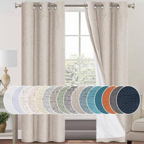 PrinceDeco Primitive Textured Linen 100% Blackout Curtains for Bedroom/Living Room Energy Saving Window Treatment Curtain Drapes, Burlap Fabric with White Thermal Insulated Liner (42 x 84in, Natural)
