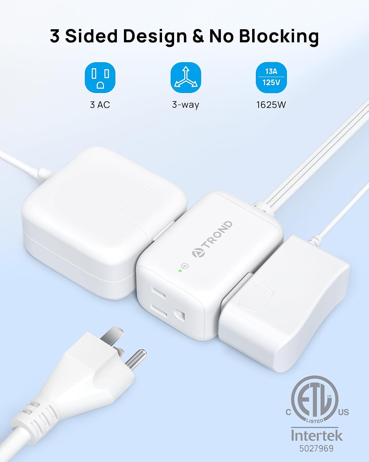 TROND Rotating Flat Plug Extension Cord Surge Protector 6ft, 3 AC, White
