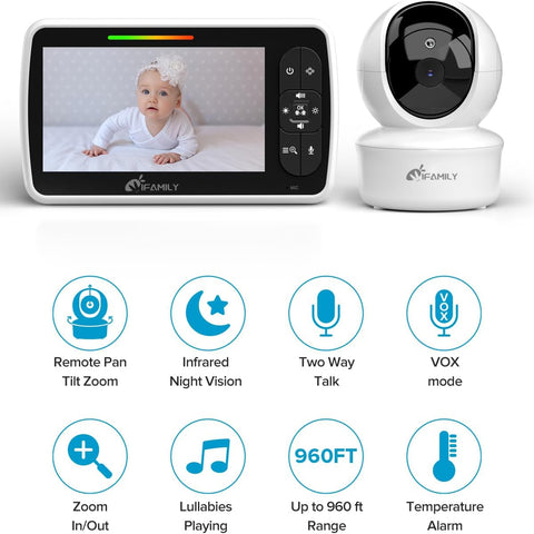 iFamily Baby Monitor,5" Screen with 30Hrs Battery Life,Remote Pan-Tilt-Zoom