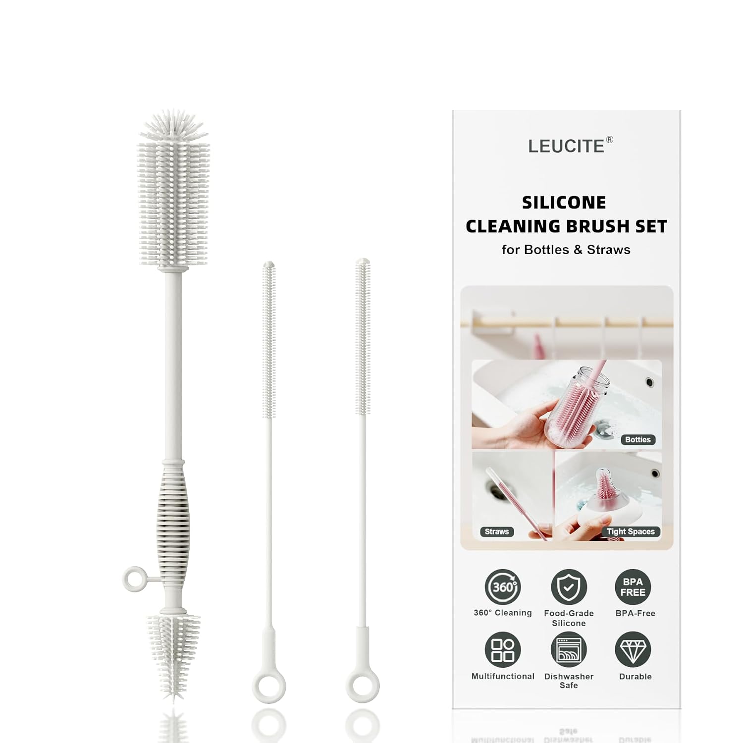 Silicone Cleaning Brush Kit,Water Bottle and Straw Cleaner Brush Set for Tumbler,Baby Bottle,Breast Pump Part,Nipple,Sippy Cup,Glass,Dishwasher Safe,BPA Free,3 Pcs