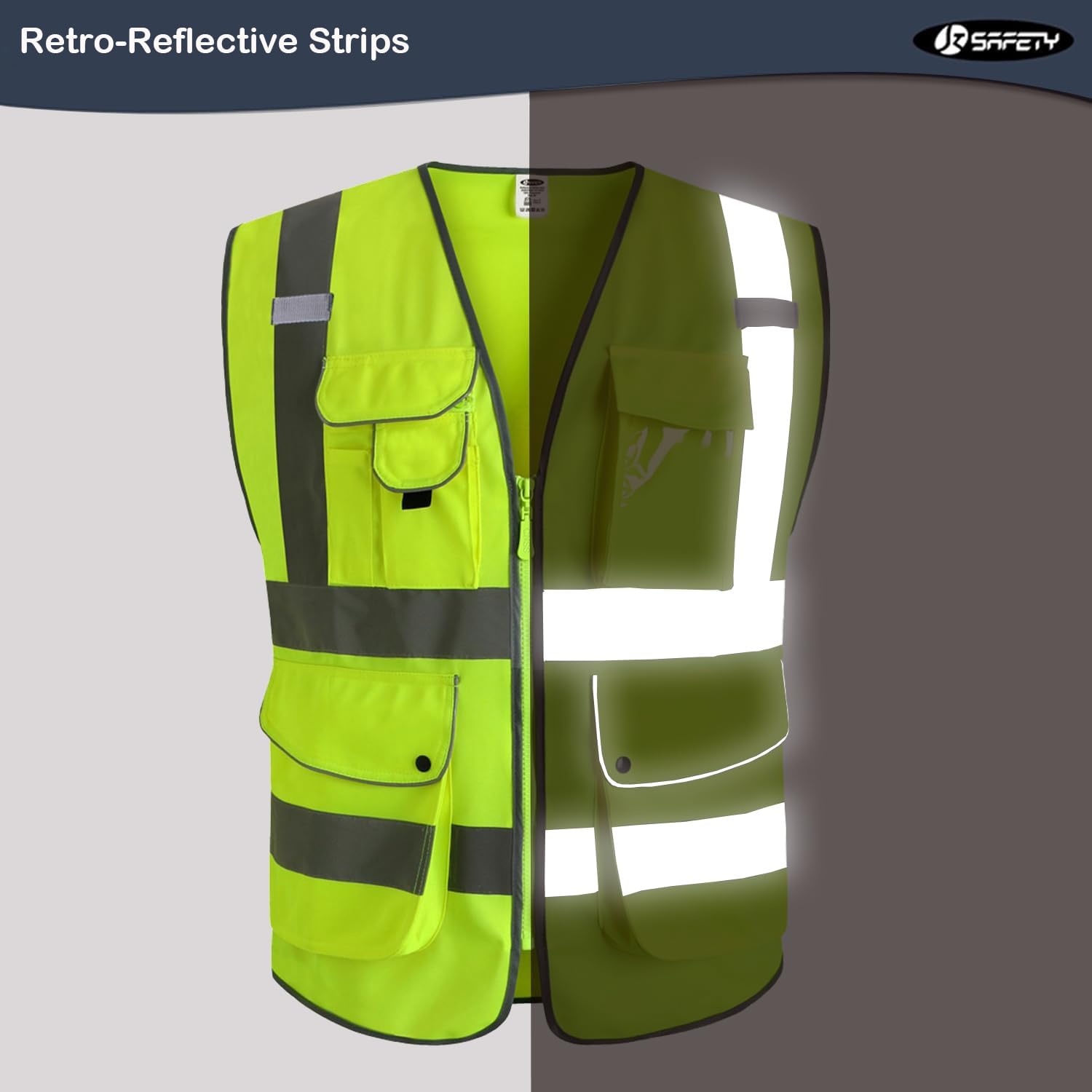 JKSafety 9 Pockets Class 2 High Visibility Zipper Front 6 Pack Safety Vest With Reflective Strips,Meets ANSI/ISEA Standard （155 Yellow M