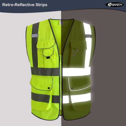 JKSafety 9 Pockets Class 2 High Visibility Zipper Front 6 Pack Safety Vest With Reflective Strips,Meets ANSI/ISEA Standard （155 Yellow M