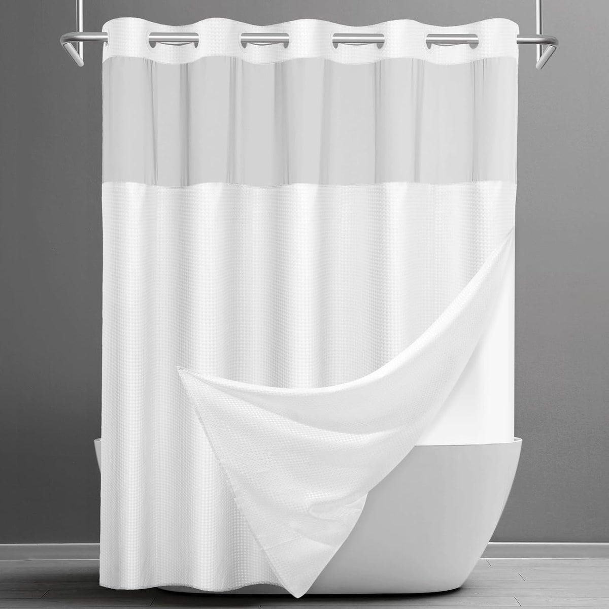 SORTTO No Hook Waffle Shower Curtain with Snap in Liner Set, 71x77, White