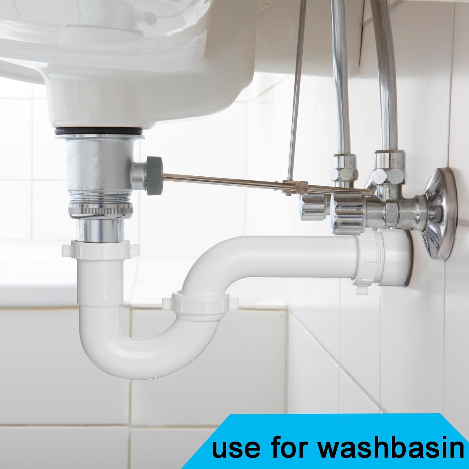 (1 Pack) Yariwiz White P Trap 1 1/2 Inch for Bathroom Kitchen Sink Drain Pipe Tubular Kit with White Threaded Adapter and Blue TPE Washer KSD-001W