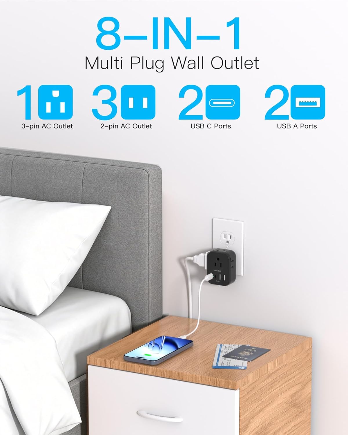 Travel Cruise Ship Essentials, Mini Multi Plug Wall Outlet Extender, Black