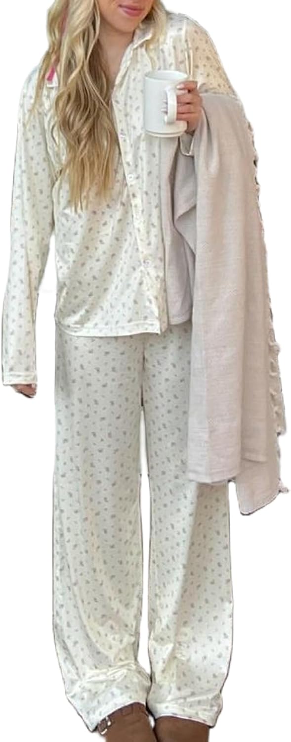 Seyurigaoka Women 2 Piece Floral Pajamas Lounge Set Y2K Long Sleeve Shirt Wide Leg Pants Sleepwear Pj Matching Sets