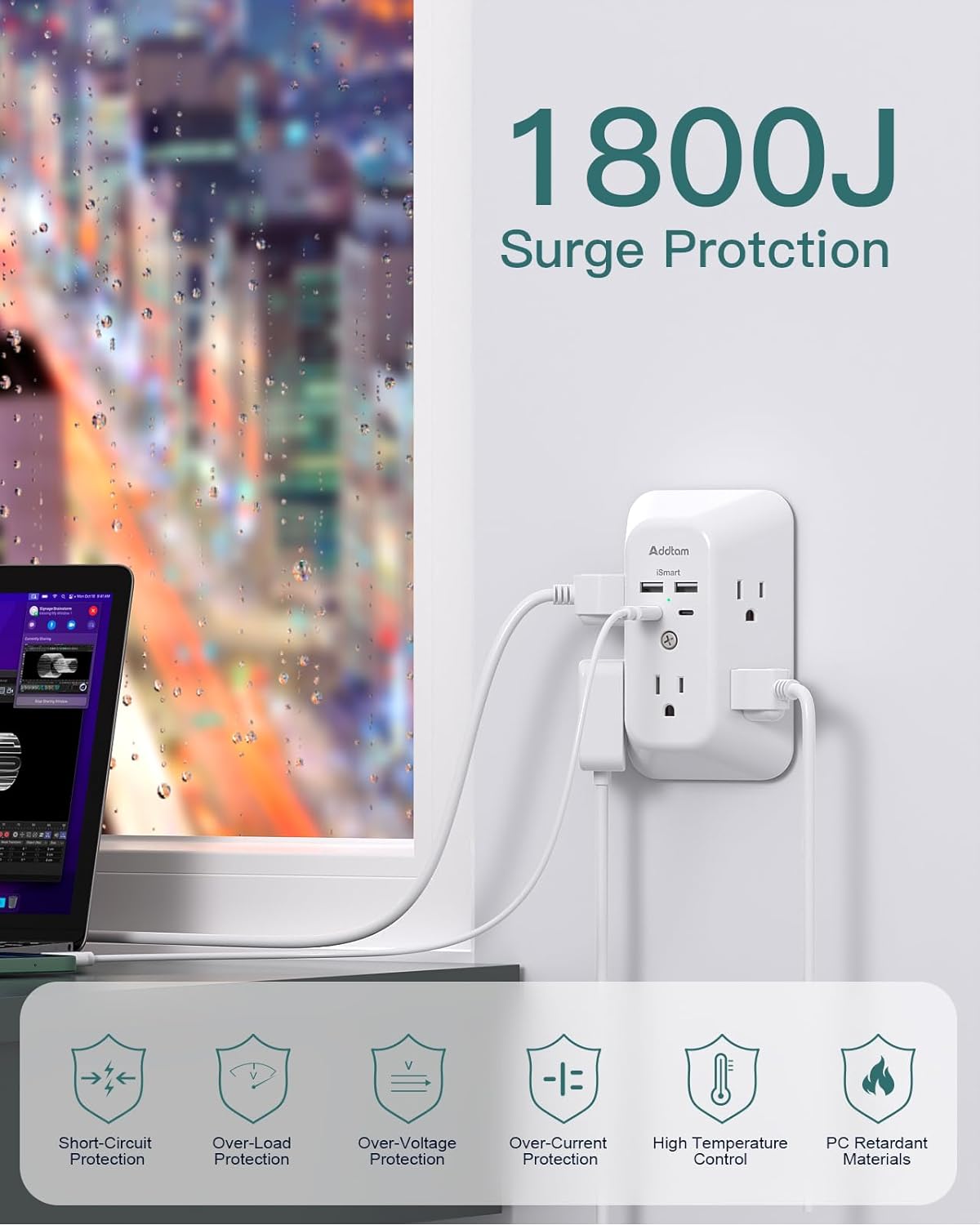 Addtam 5-Outlet Extender Surge Protector, Multi Plug Wall Outlet with 4 USB Wall Charger(2 USB C), Outlet Splitter Power Strip for Home Office Dorm Room Essentials, Plug Extension Outlet 1800J, 2 Pack