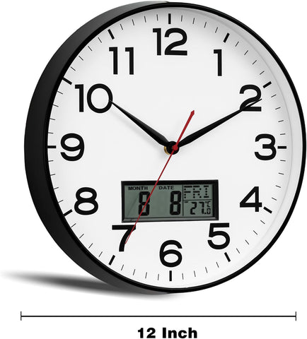 AKCISOT 12 Inch Wall Clock, Silent Battery Operated Analog Clock, Black