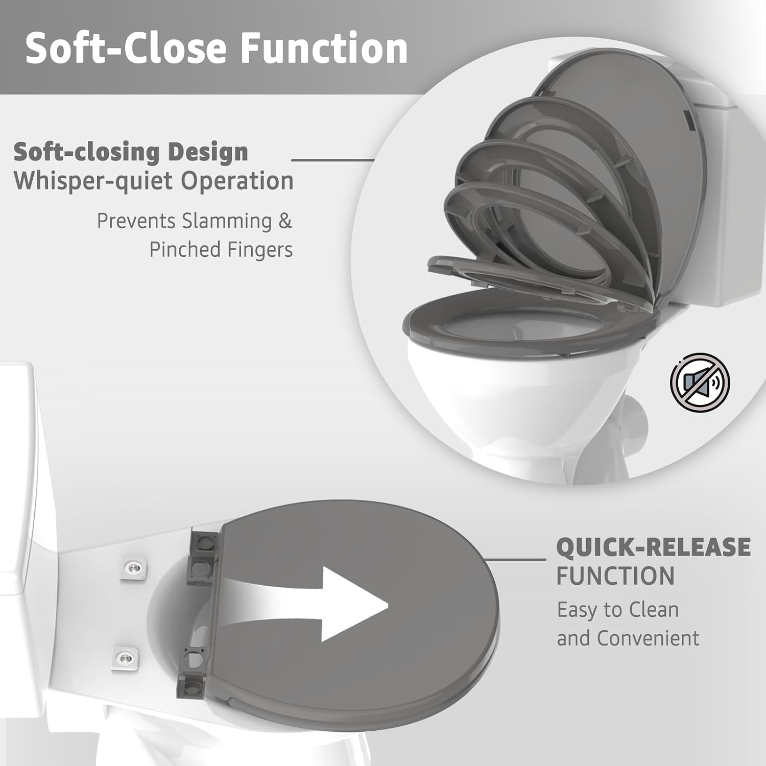 Toilet Seat Round 16.5 Inch with Quick Release-Quick Connect. White Round Toilet Seat with Soft Close. PP Material Safe, Easy Clean and Install, Sturdy Accessories Never Loosen,2 Years Support, Grey