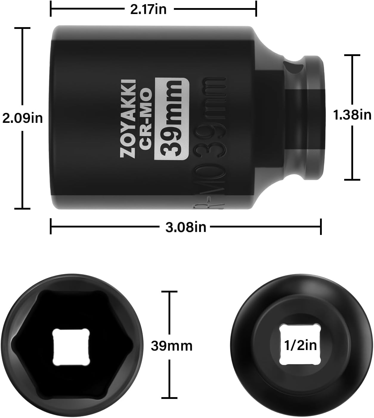 1/2" Drive 39mm Deep 6 Pt CR-MO Metric Impact Socket for Axle Nuts