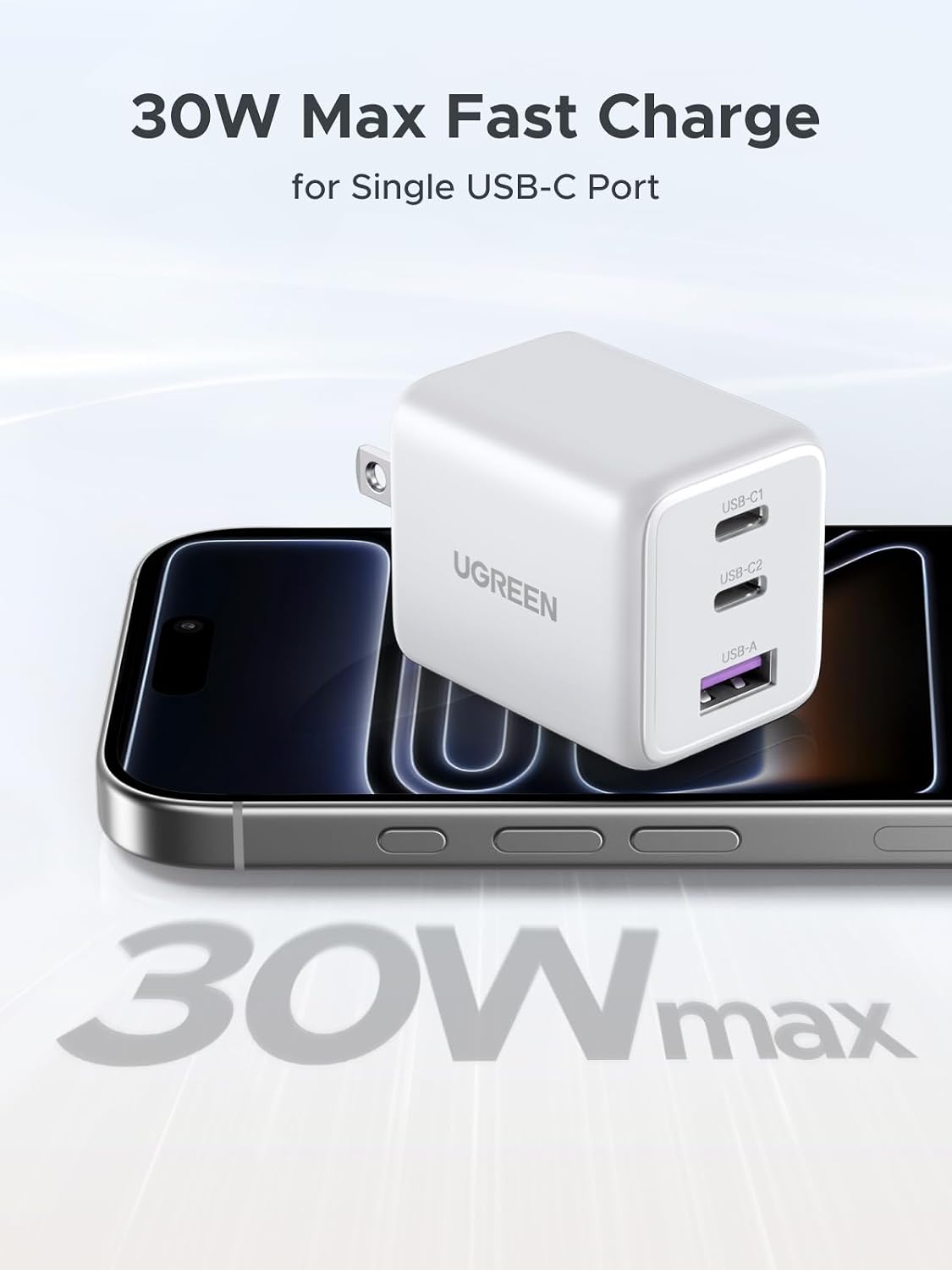 UGREEN 3-Port 30W USB C Charger Block, GaN II Type C Fast Charging, White