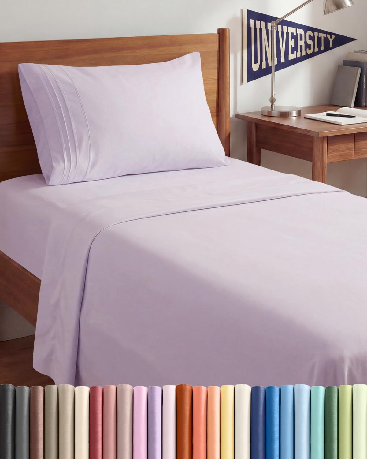 Twin XL 3 Piece Sheet Set - College Dorm Room Essentials - Light Lavender