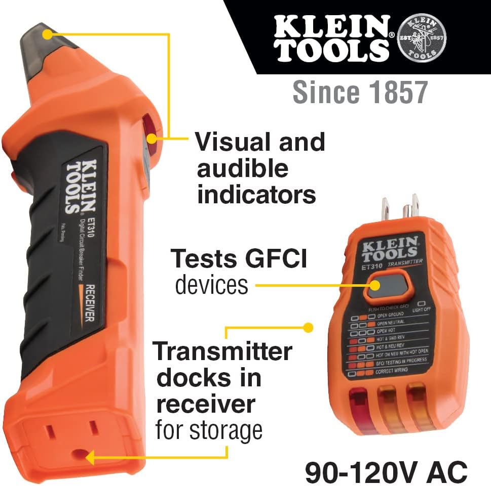 Klein Tools ET310KIT AC Circuit Breaker Finder Kit, Electric Tester, GFCI Tester, Leads, Adapters and Case