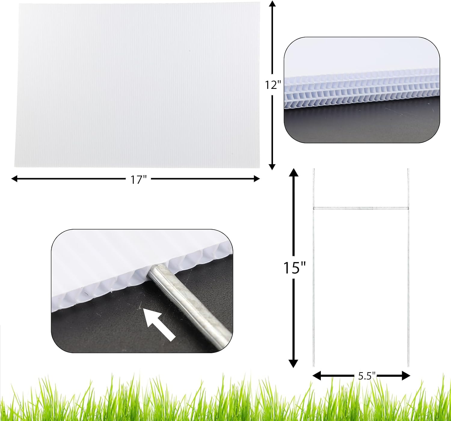 4 Pack Blank Yard Signs 17 x 12 in with Metal Stakes, White Plastic Yard Lawn Sign for Birthday Decoration,Garage Sale,Guidepost, Open House, Rent