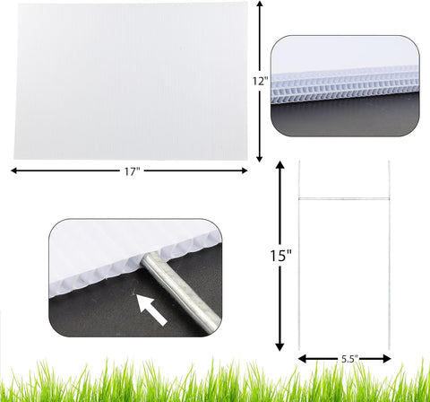 4 Pack Blank Yard Signs 17 x 12 in with Metal Stakes, White Plastic Yard Lawn Sign for Birthday Decoration,Garage Sale,Guidepost, Open House, Rent