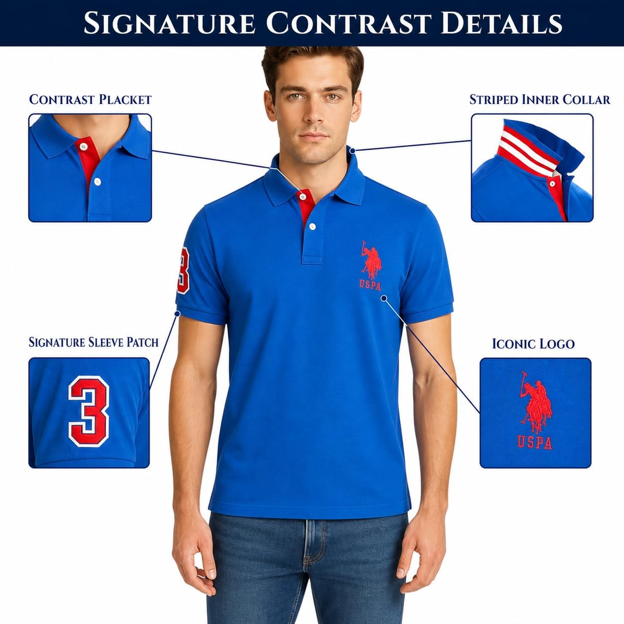 U.S. Polo Assn. Men's Short-Sleeve Polo Shirt with Applique, Casual Summer Slim Fit Polo Shirt with Contrast Color