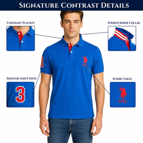 U.S. Polo Assn. Men's Short-Sleeve Polo Shirt with Applique, Casual Summer Slim Fit Polo Shirt with Contrast Color