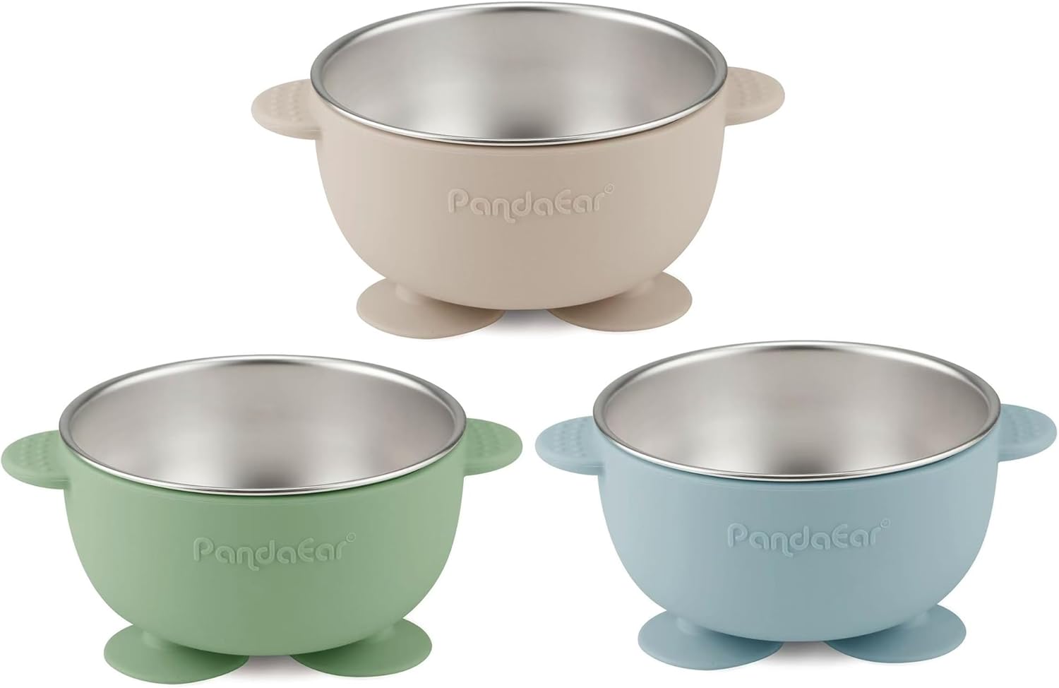 PandaEar 3 Pack Stainless Steel Baby Suction Bowls, Non-Slip Child Food Bowl with Silicone Sleeve for Kids Toddlers Infants, Unbreakable & Mess Free (Blue Green Beige)