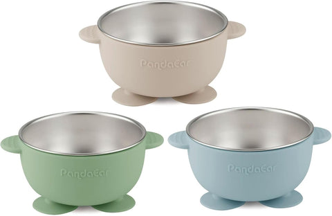 PandaEar 3 Pack Stainless Steel Baby Suction Bowls, Non-Slip Child Food Bowl with Silicone Sleeve for Kids Toddlers Infants, Unbreakable & Mess Free (Blue Green Beige)