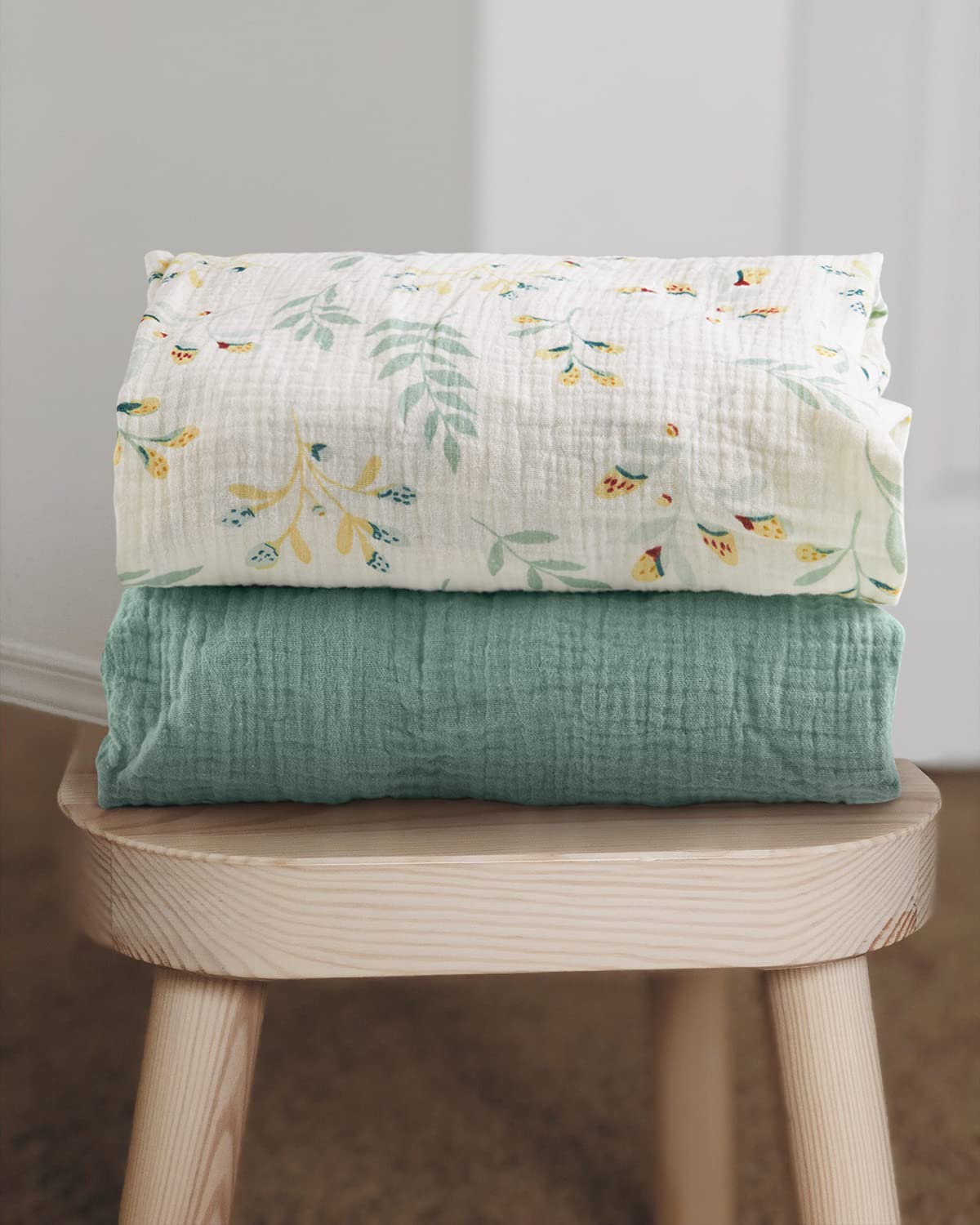 Blissful Diary Muslin Mini Crib Sheets, 2 Pack, Roman Green & Leaf