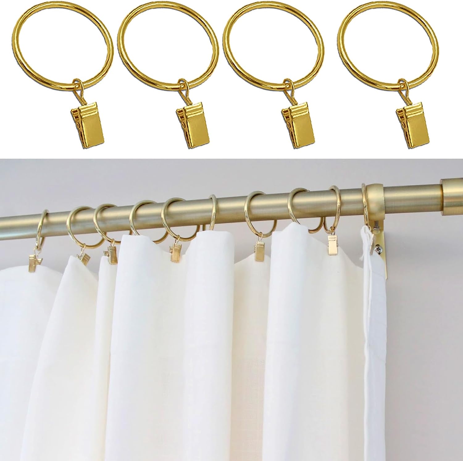 16 Pack Curtain Rings with Clips, Window Clip Rings Curtain Hooks Hangers Clip Rings for Hanging Drapery Drapes Bows, Small 1.26 Inch Diameter, Fits up to 1" Rod, Gold