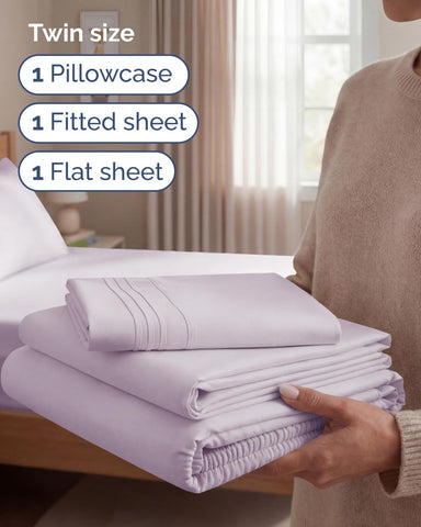 Twin Size 3 Piece Sheet Set - Breathable & Cooling Sheets - Light Lavender