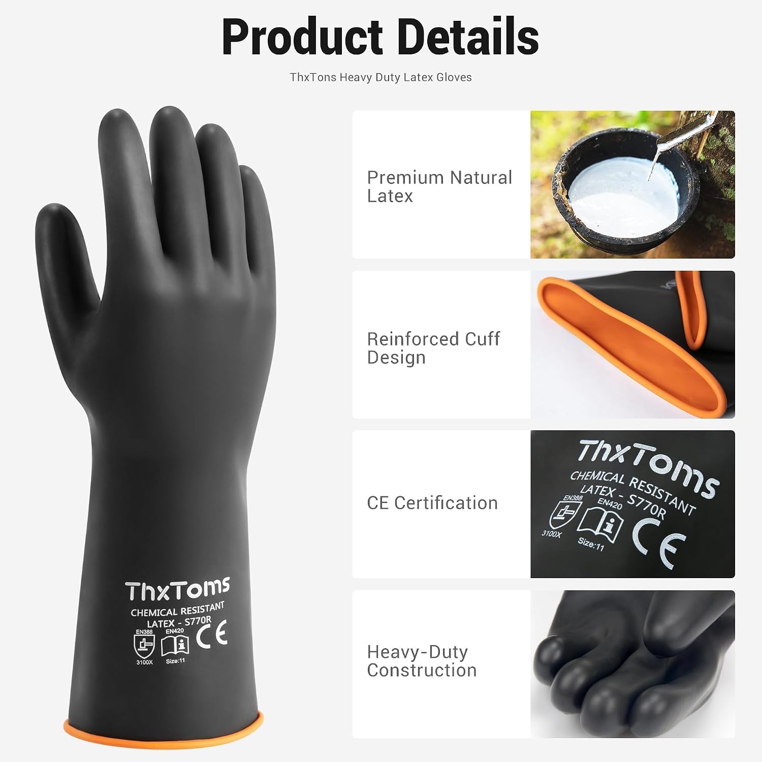 ThxToms Chemical Resistant Gloves, 28 Mil Heavy Duty Latex, 22 Inch, 1 Pair