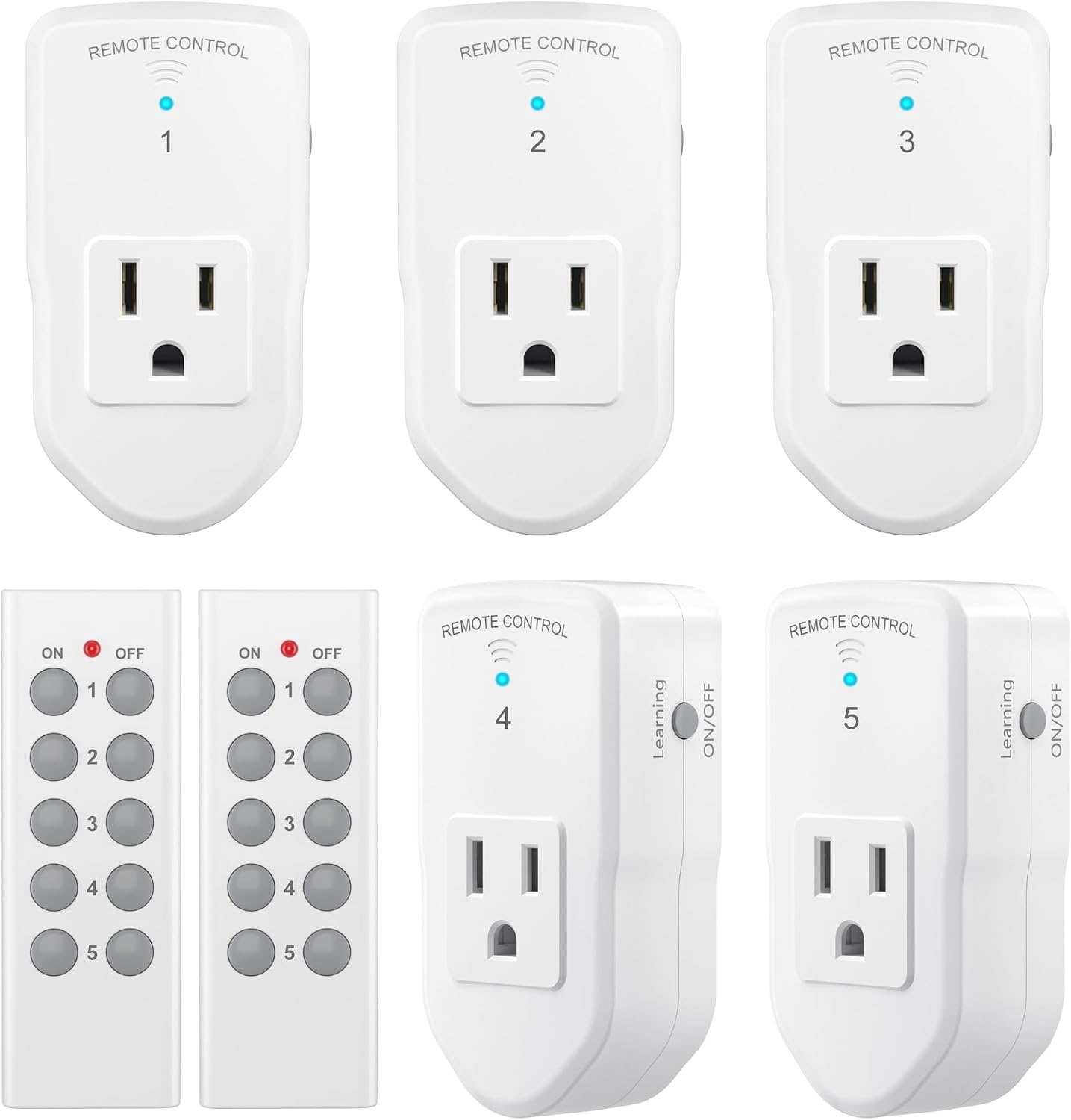 BN-LINK Wireless Remote Control Outlet Electrical Switch for Lights, Fans, Christmas Lights, Small Appliance, 100ft Long Range White (Learning Code, 5Rx-2Tx) 1200W/10A, ETL & FCC Certified