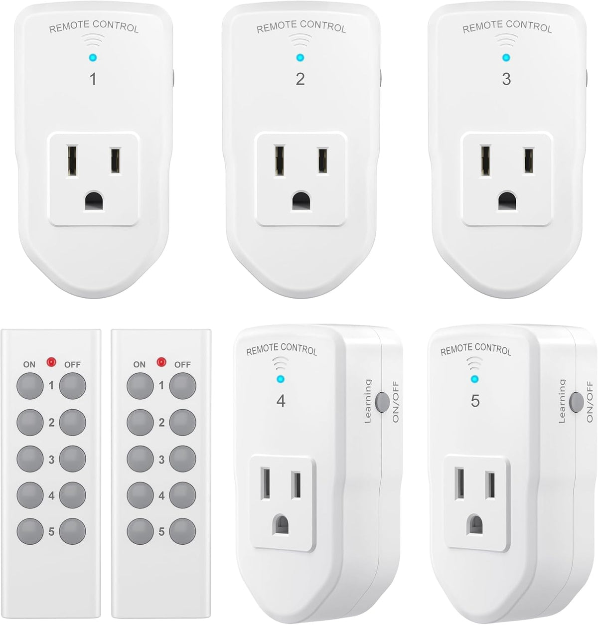 BN-LINK Wireless Remote Control Outlet Electrical Switch for Lights, Fans, Christmas Lights, Small Appliance, 100ft Long Range White (Learning Code, 5Rx-2Tx) 1200W/10A, ETL & FCC Certified