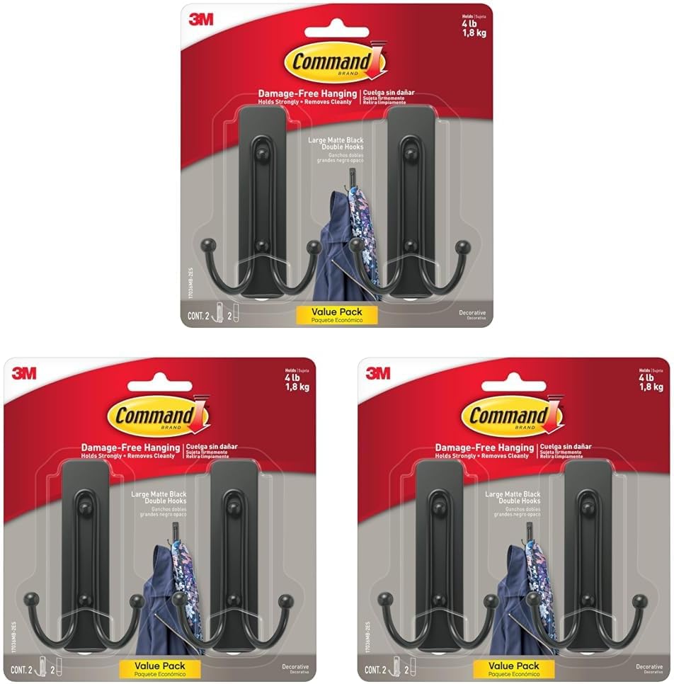 Command Large Matte Black Double Hooks, 2 Hooks and 2 Strips, Damage Free Hanging Wall Hooks with Adhesive Strips, No Tools Coat Hooks for Hanging Home Decor, Holds up to 4 lb (Pack of 3)
