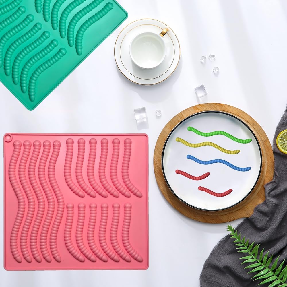 4Pcs Gummy Candy Molds - Silicone Gummy Worm Molds with 2Pcs Dropper,Non-stick and Bpa Free for Candy Chocolate Gummies Baking