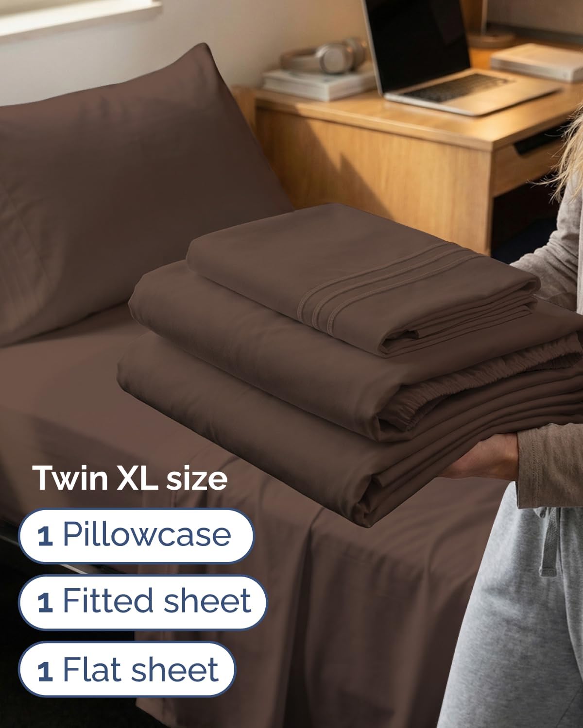 Twin XL 3 Piece Sheet Set - College Dorm Room Essentials - Brown