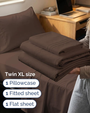 Twin XL 3 Piece Sheet Set - College Dorm Room Essentials - Brown