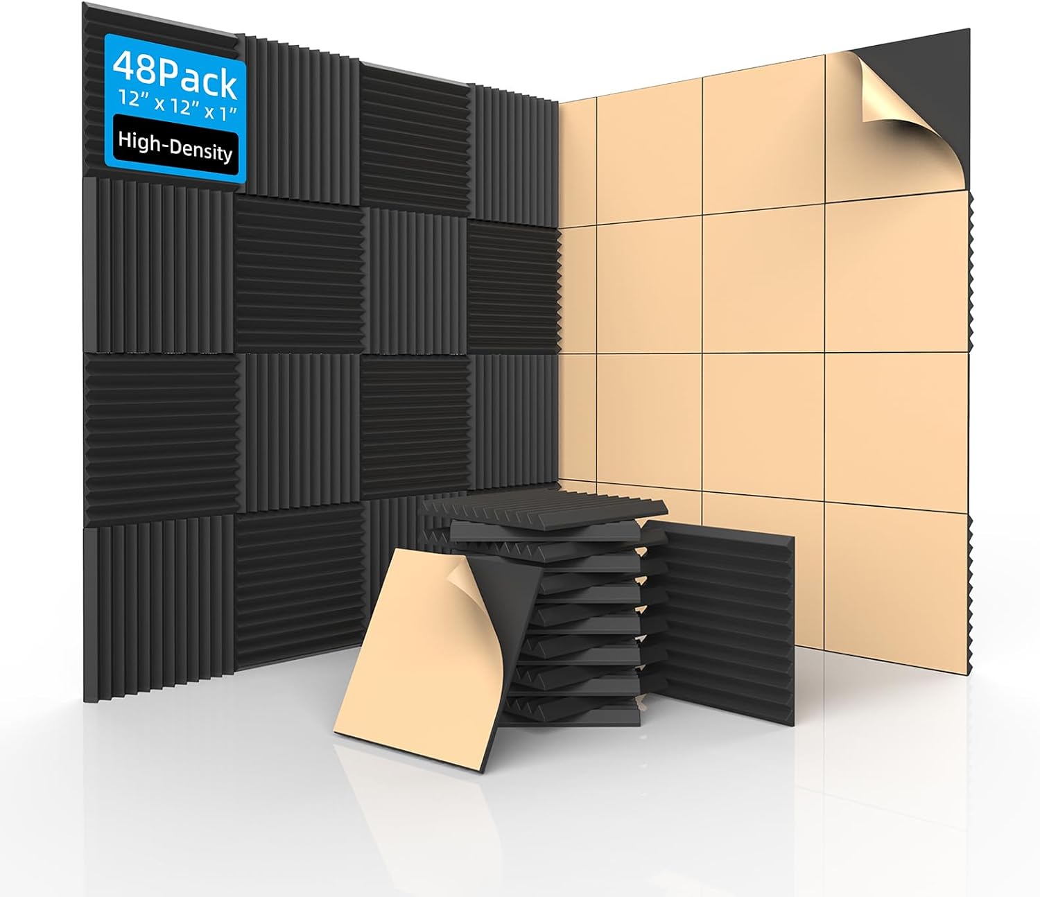 SD SODOCT 48 Pack Self-Adhesive Wedge Acoustic Foam Panels 12" x 12" x 1"