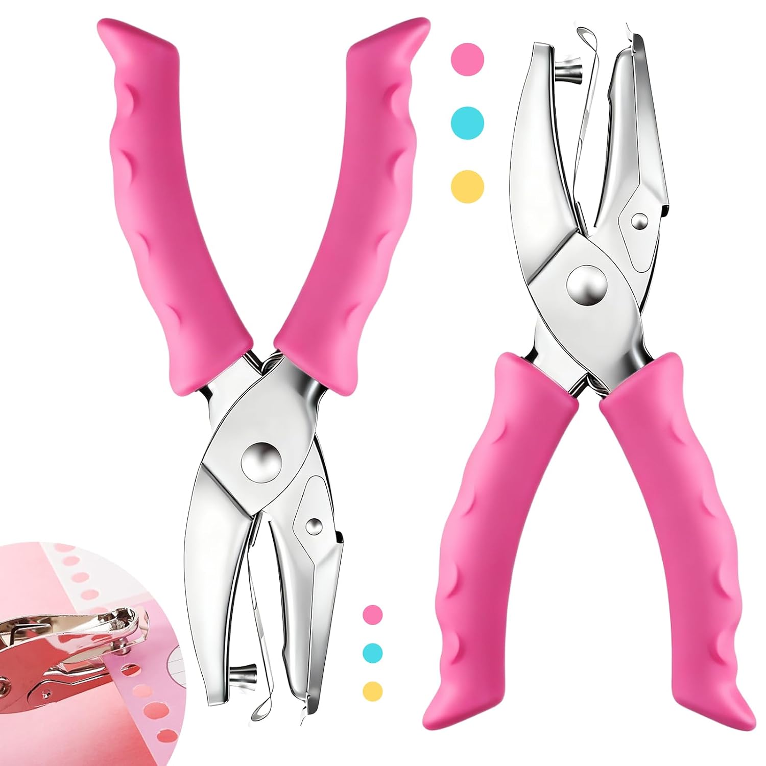 Single Hole Punch, 2 Pcs 1/4" and 1/8" Hole Puncher with Pink Soft Grip