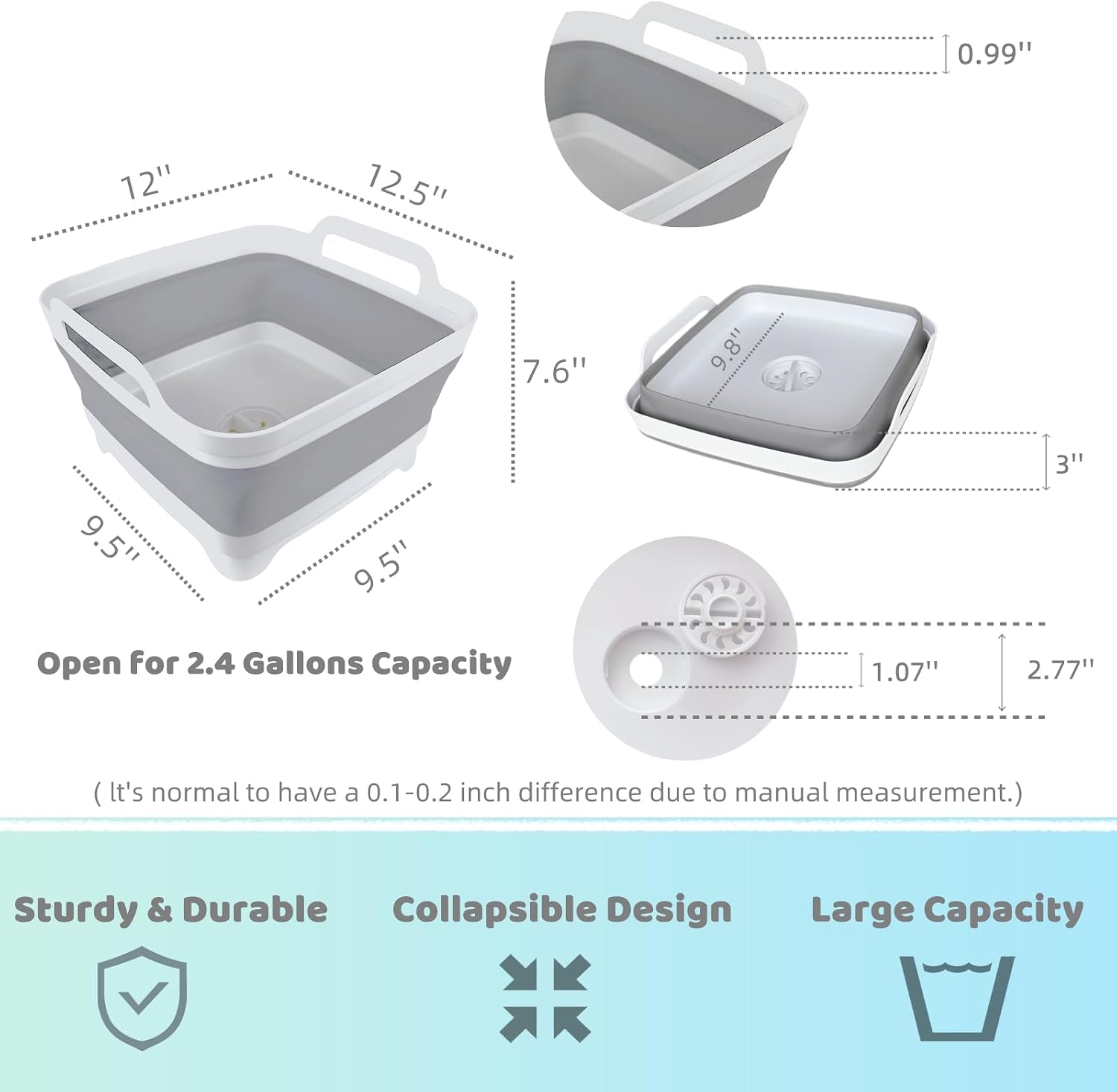 GIMWA 2.4Gal Collapsible Dish Basin with Drain Plug, Baby Bottle Wash Basin