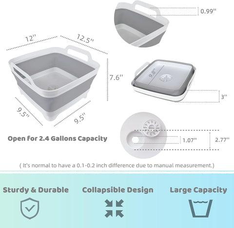 GIMWA 2.4Gal Collapsible Dish Basin with Drain Plug, Baby Bottle Wash Basin