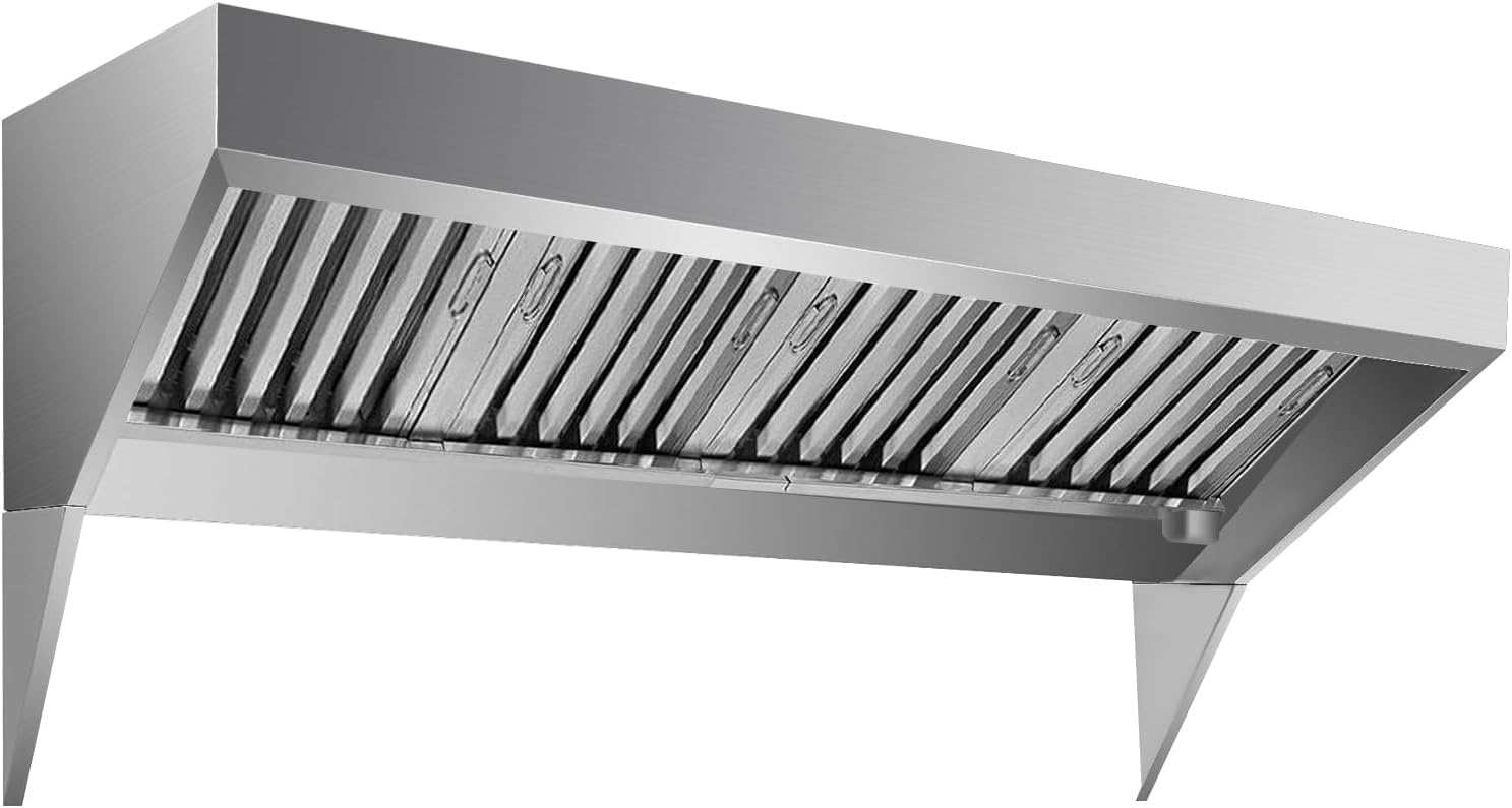 Commercial Kitchen Exhaust Hood, Heavy-Duty 201/403 Stainless Steel - Wall-Mount Range Hood with Detachable U-Shaped Baffle Grease Filters - Rust-Resistant - 9FT