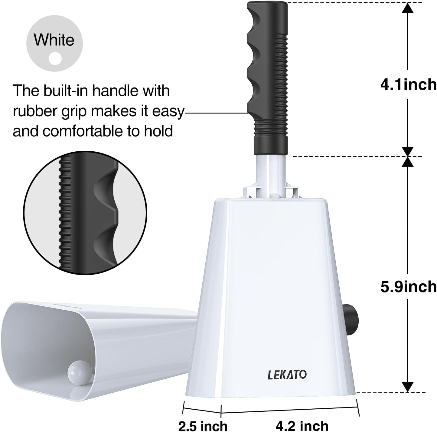 LEKATO 10 Inch Cowbell Noise Makers, Cow bell with Handle for Sporting Events Cheering Steel Cow Bell for Football Games,Party, Concert, Graduation, School, Farm Ranch(White)