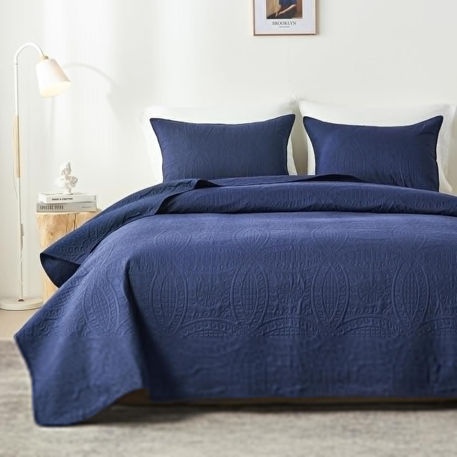 akkialla 118"x106" Navy California King Quilt Set, Oversized Floor-Length Bedspread, Modern Coin Pattern Microfiber Coverlet, 3-Piece All Season Bedding with 2 Pillow Shams