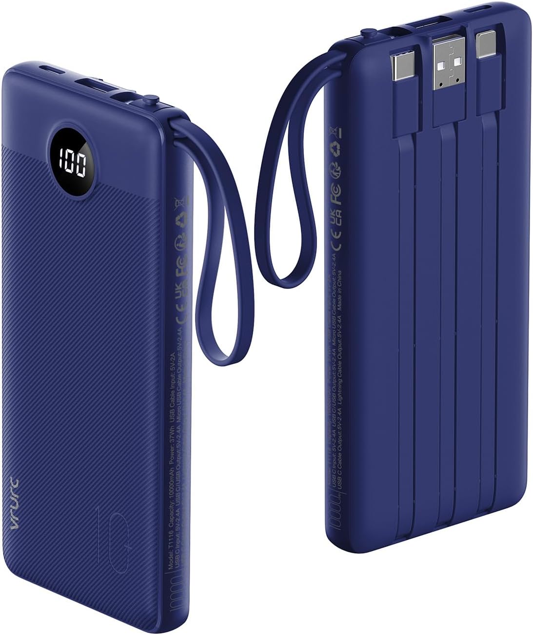 VRURC Portable Charger, Built in 4 Cables & Lanyard Power Bank 10000mAh